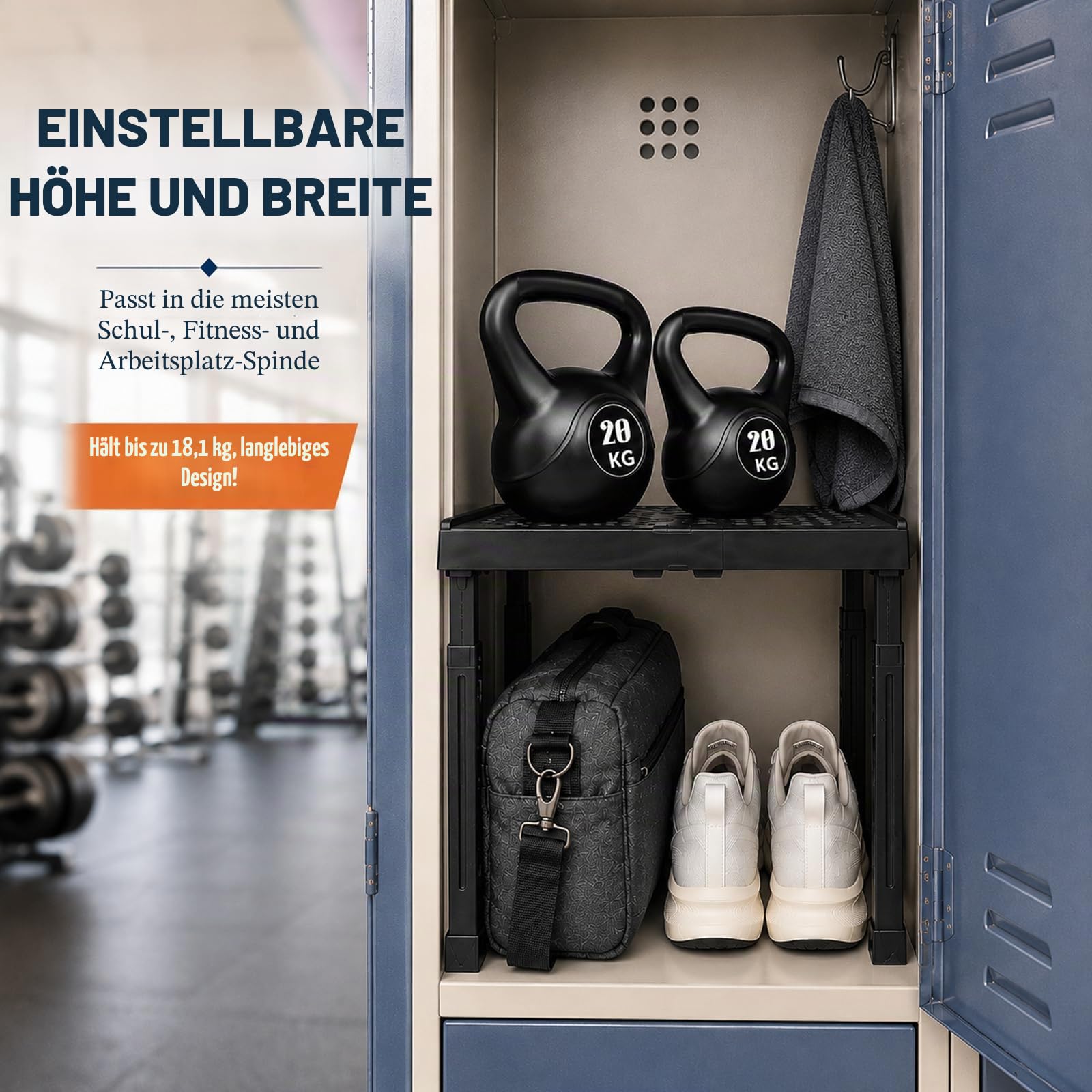 Verstellbare Höhe und Breite Schulschrank-Organizer, stapelbarer Organizer, für Fitnessstudio- und Büro-Schrank-Utensilien, Schwarz