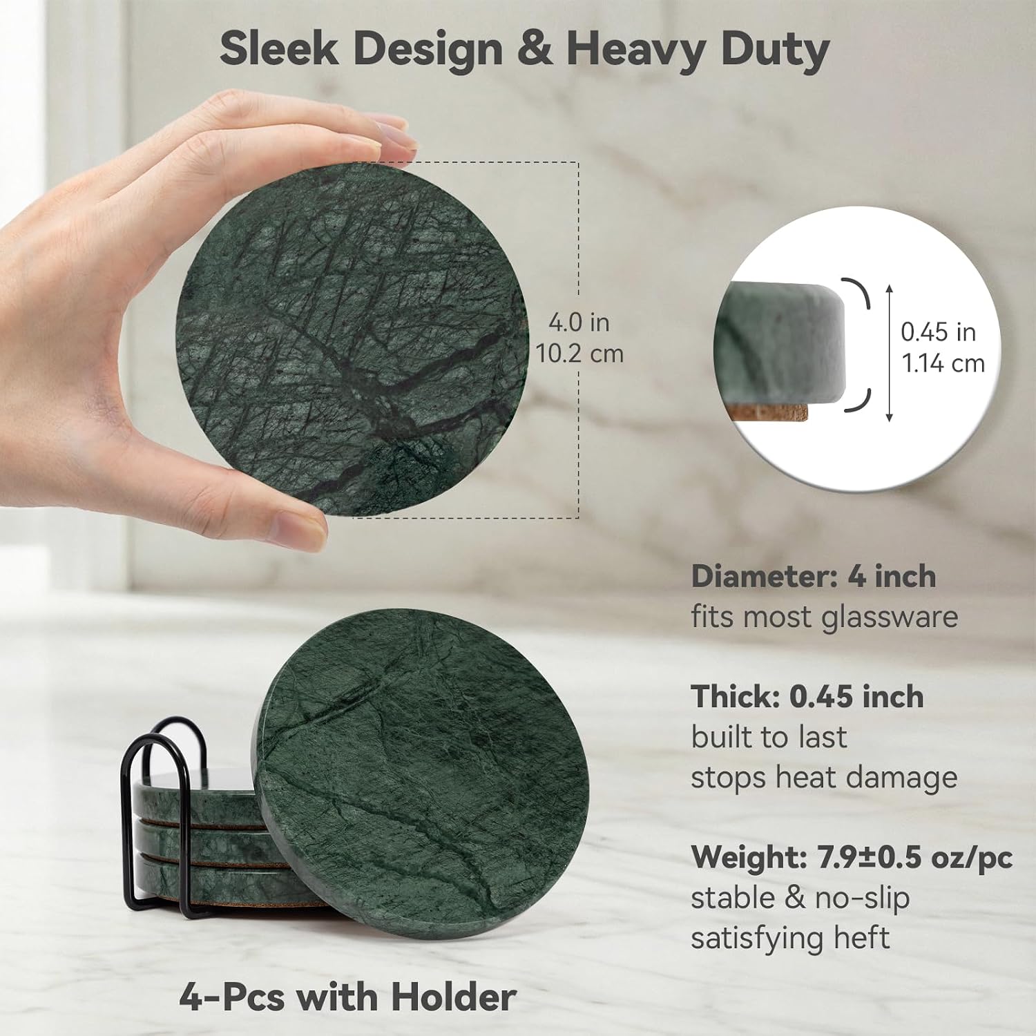 Dark Green Marble Coasters Set of 4 with Holder, Luxury Drink Coaster for Coffee Table, 4" Round Polished Verde Stone Coaster with Intricate Veins – Heat Resistant, Non-Slip, Housewarming Gift
