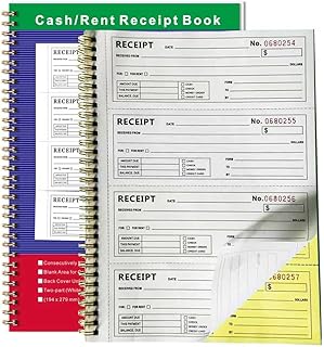Money and Rent Receipt Books - Receipt Book with 2 Part Carbonless Copies, 7-5/8" x 11", Wraparound Cover, Spiral Bound 200 Sets per Book, 4 Receipts per Page (1 Pack）