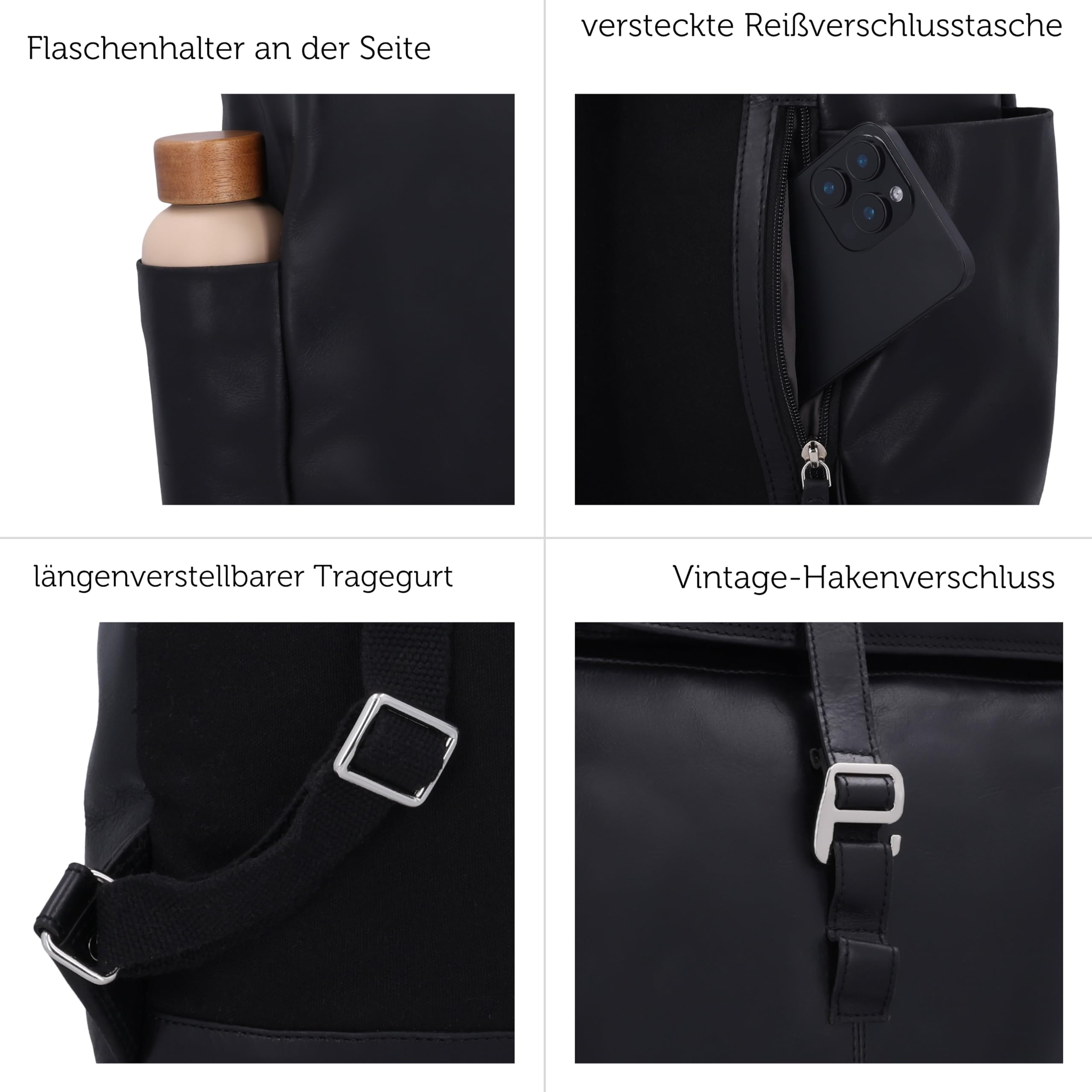 Gusti Leder Rolltop-Rucksack Bendik, Schwarz, Rindsleder, Laptopfach, AirTag-Fach, 9x61x41 cm
