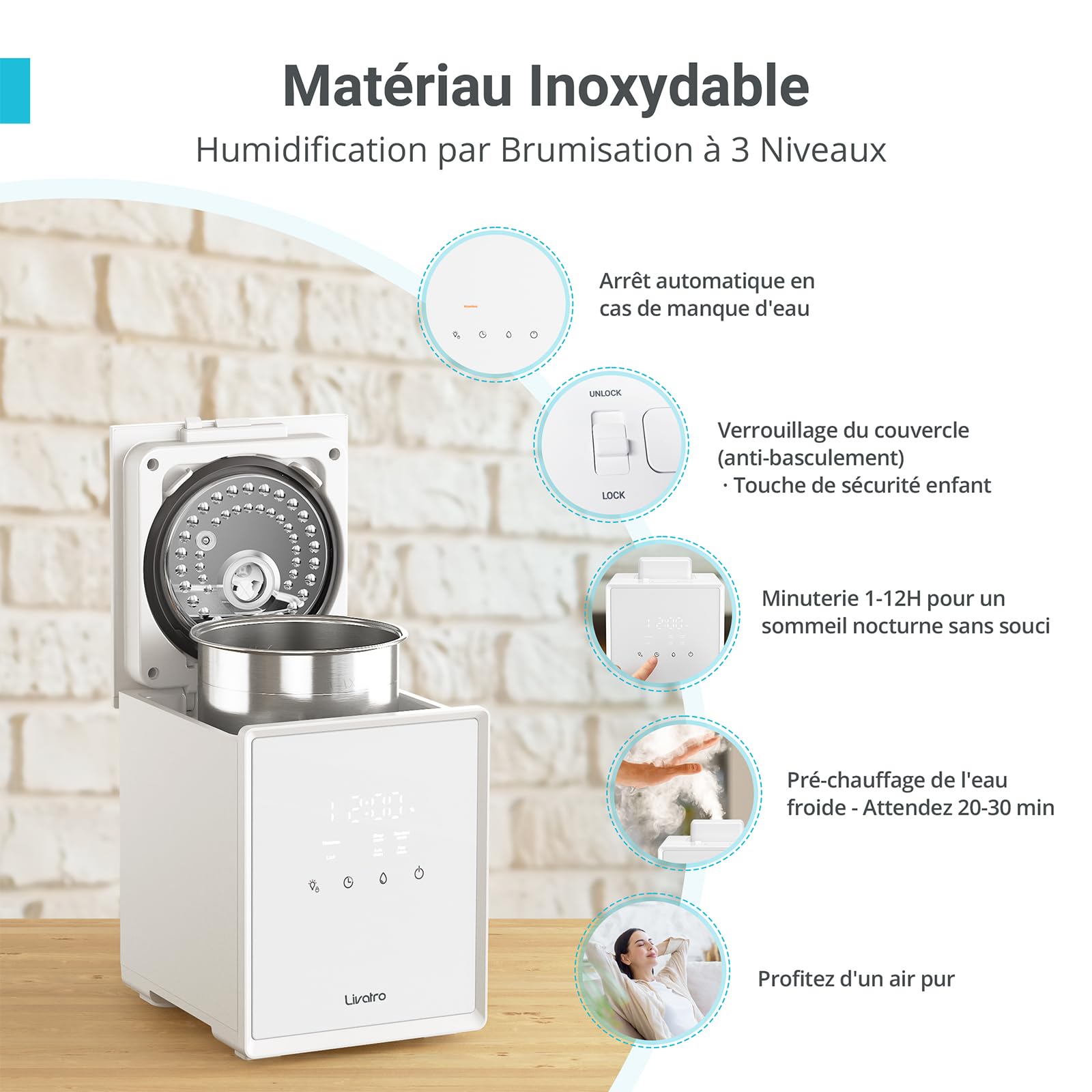 Livatro Humidificateur d’Air Chambre Top-Fill, 3L Humidificateur à Brouillard Chaud en Acier Inoxydable, Réduit 99,97% des Bactéries, avec Plusieurs Modes d’Humidité, Timer, pour la Maison, le Bureau