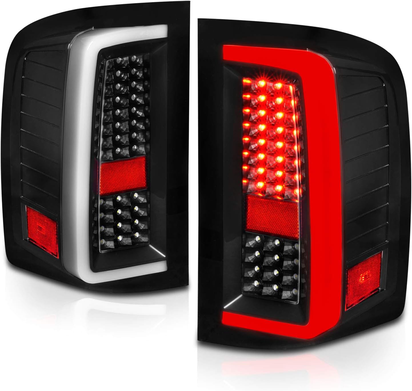 AmeriLite for 2007-2013 Chevy Silverado 1500 2500HD 3500HD Pure Black [Full LED] Light Tube Replacement Taillights Pair - Driver and Passenger Side