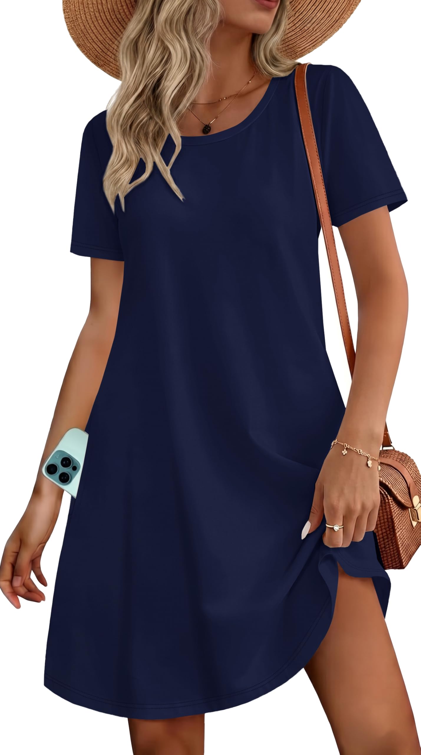 elescat Womens Summer Dresses Casual Loose Tshirt Floral Pockets Sundress | 2026 Boho Flowy Short Sleeve Dress, Two Hidden Pockets, Loose Beach Cover Up, Solid or Floral, Fashion Vacation Outfits