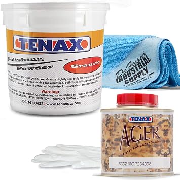 Tenax Granite Polishing Powder 1 kg Tub - Tenax Ager 250 mL -16x16 Microfiber Cloth - Gloves - BUNDLE - 4 Items