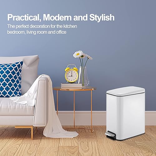 Miniatura 7 de Cubo de basura de acero inoxidable de 1.3 galones con tapa, cierre lento, cesta de basura delgada con pedal para baño, cocina y oficina (blanco)