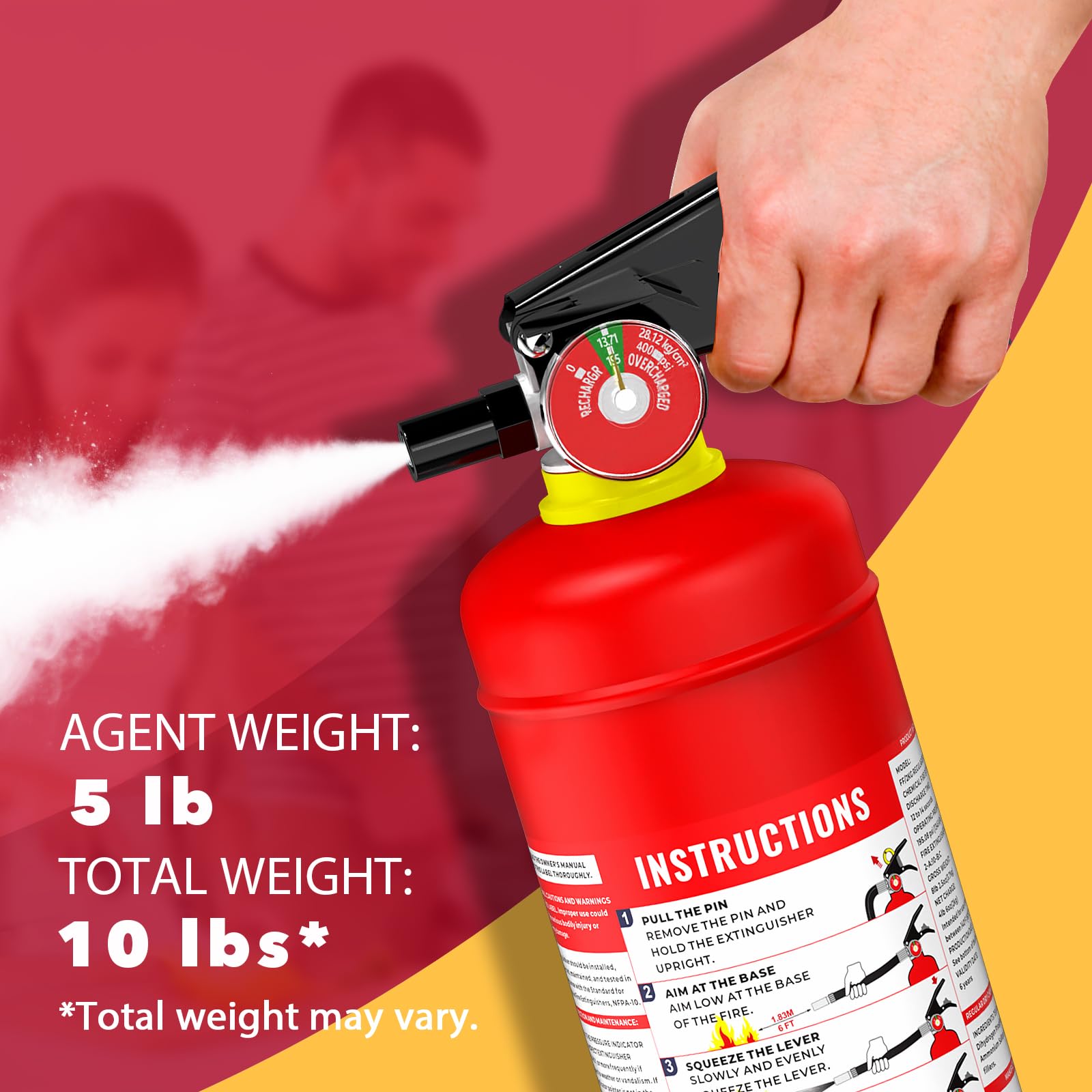 Ougist ABC Dry Powder Fire Extinguisher, 5 lb – 2-A:10-B：C Rated for Home, Office & Vehicle, Quick Release, Easy-Grip Handle, Ideal for Electrical & Grease Fires, Car Extinguisher, Model FF2KG