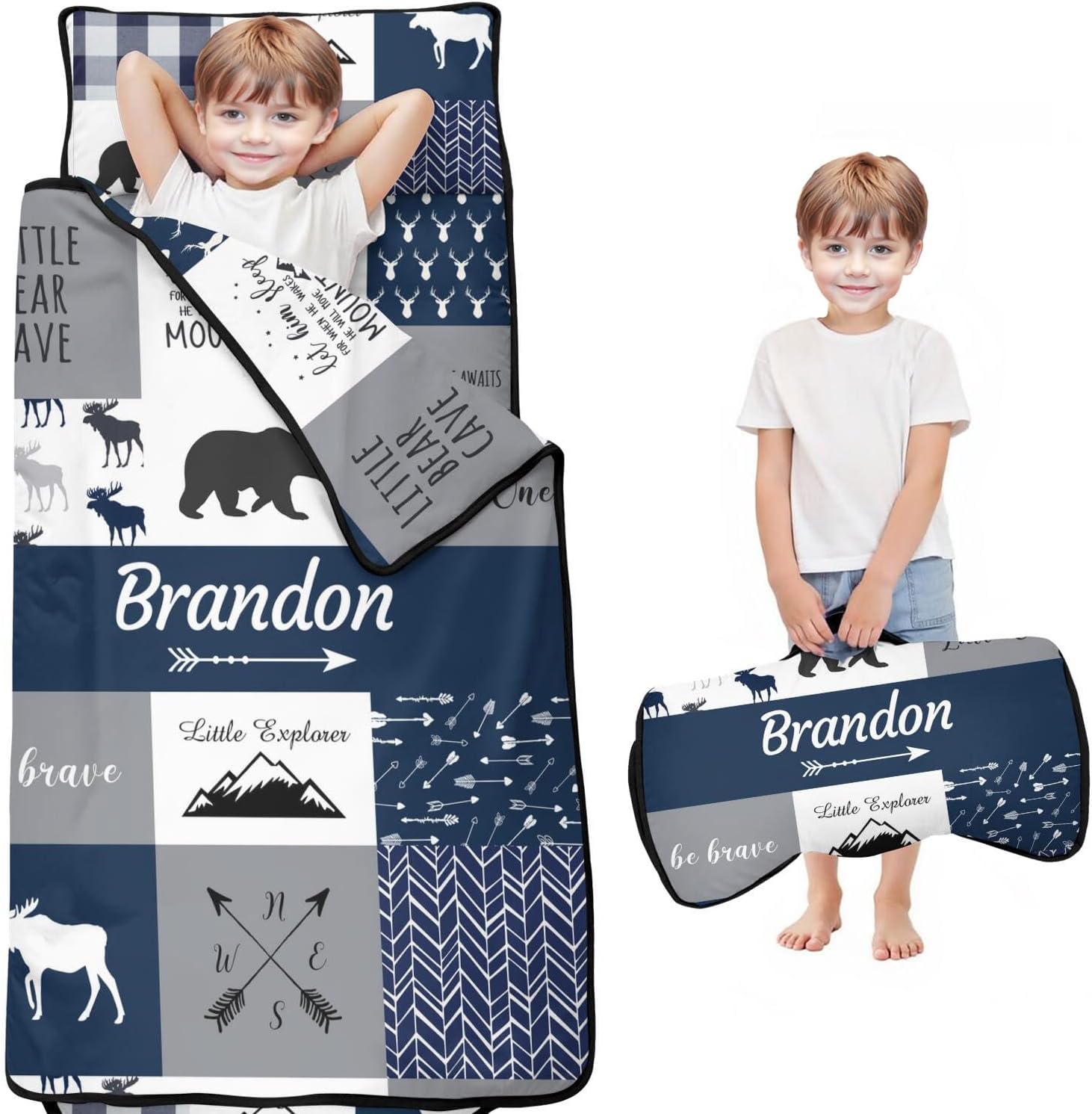 Personalized Woodland Deer Bear Nap Mat Set with Name, Bear Sleeping Bags for Boys, Customized Arrow Toddler Bed Mattress for Kids, Slumber Bags for Preschool, Daycare or Kindergarten, Sleep Sack