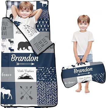 Personalized Woodland Deer Bear Nap Mat Set with Name, Bear Sleeping Bags for Boys, Customized Arrow Toddler Bed Mattress for Kids, Slumber Bags for Preschool, Daycare or Kindergarten, Sleep Sack