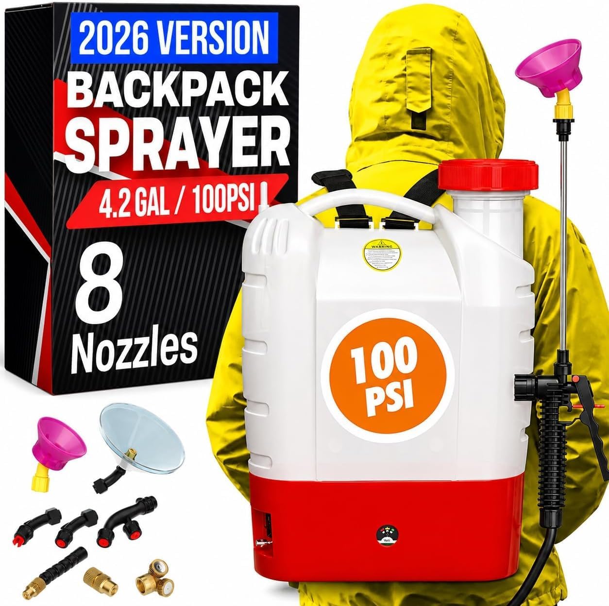 Battery Powered Backpack Sprayer - 4.2 Gallon, 8 Nozzles, 100PSI Cutoff, Long Battery Life, Wide Mouth, High-Pressure Spray Hose, Trigger Lock, Pressure Knob Controller