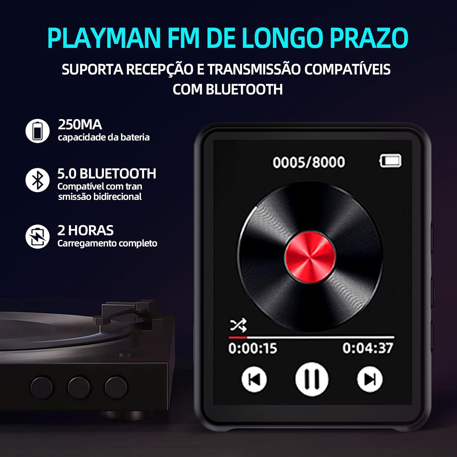 MP3 player screen showing FM radio interface with battery and Bluetooth indicators, alongside text detailing 250MA battery capacity, Bluetooth 5.0, and 2 hours charging time.