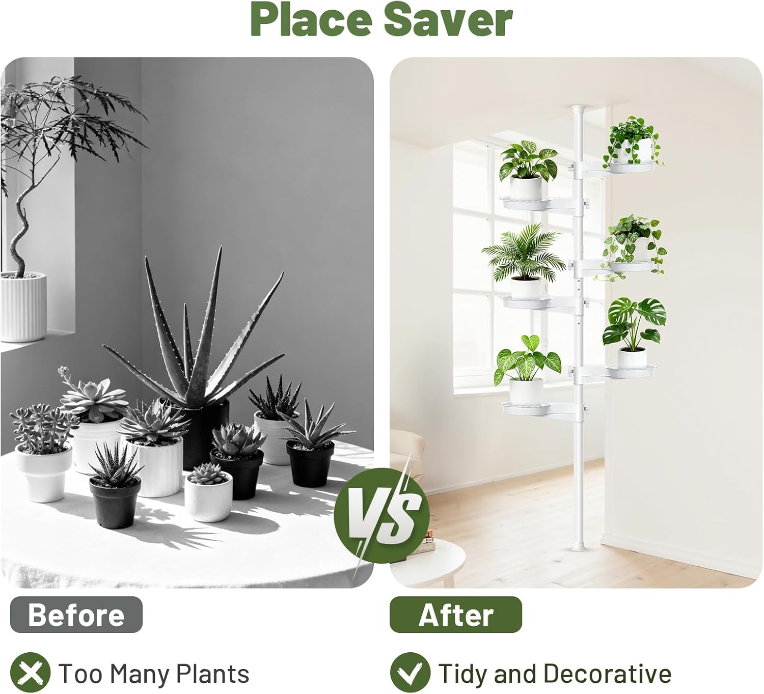 tension rod plant stand, plant poles for hanging plants indoor, 6 tier tension pole plant hanger, floor to ceiling plant pole with 6 trays hanging plant stand (white) 6-tray-white