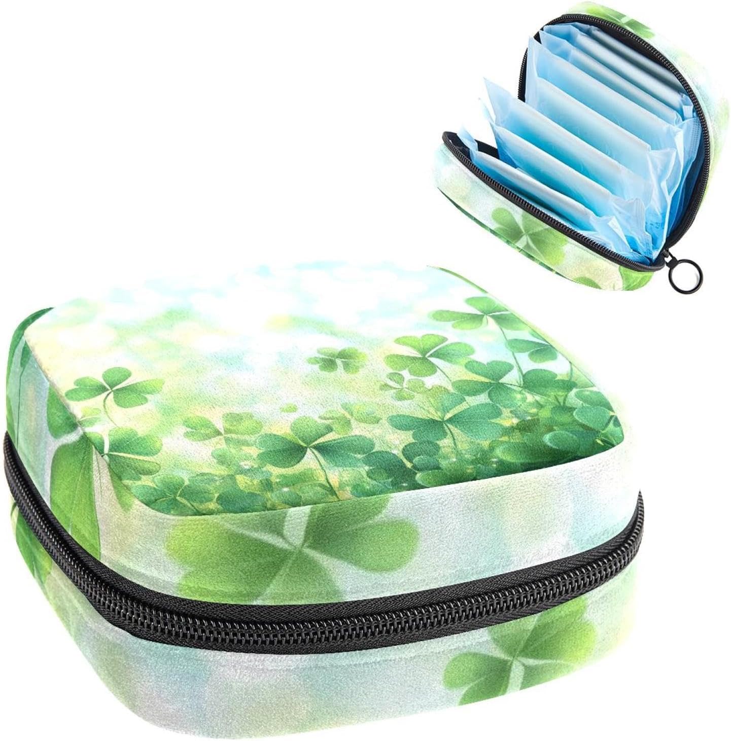1Pc Period Bag for Women, Menstrual Pad Pouch for School Office, Reusable Sanitary Napkin Storage Bag Portable Feminine Period Kit Bag St Patrick Day Clover Leaves Shamrocks Pattern
