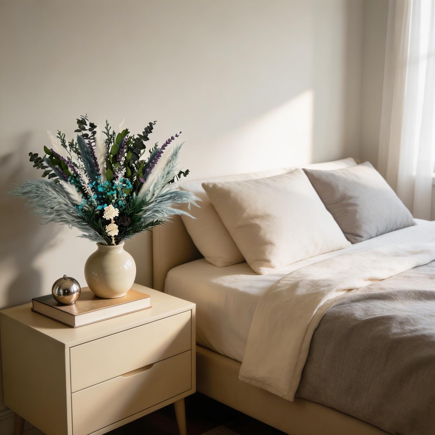 Natural Dried Flower Bouquet, 17” Teal Pampas and Eucalyptus Arrangement with Lavender and Turquoise Accents, Rustic Boho Floral Decor for Living Room, Bedroom, or Gift