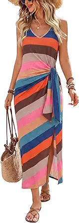 OFEEFAN Summer Dresses for Women 2026 V Neck Sleeveless Casual Dress Elegant Work Long Midi Dresses for Women Tie Waist