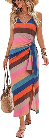 OFEEFAN Summer Dresses for Women 2026 V Neck Sleeveless Casual Dress Elegant Work Long Midi Dresses for Women Tie Waist