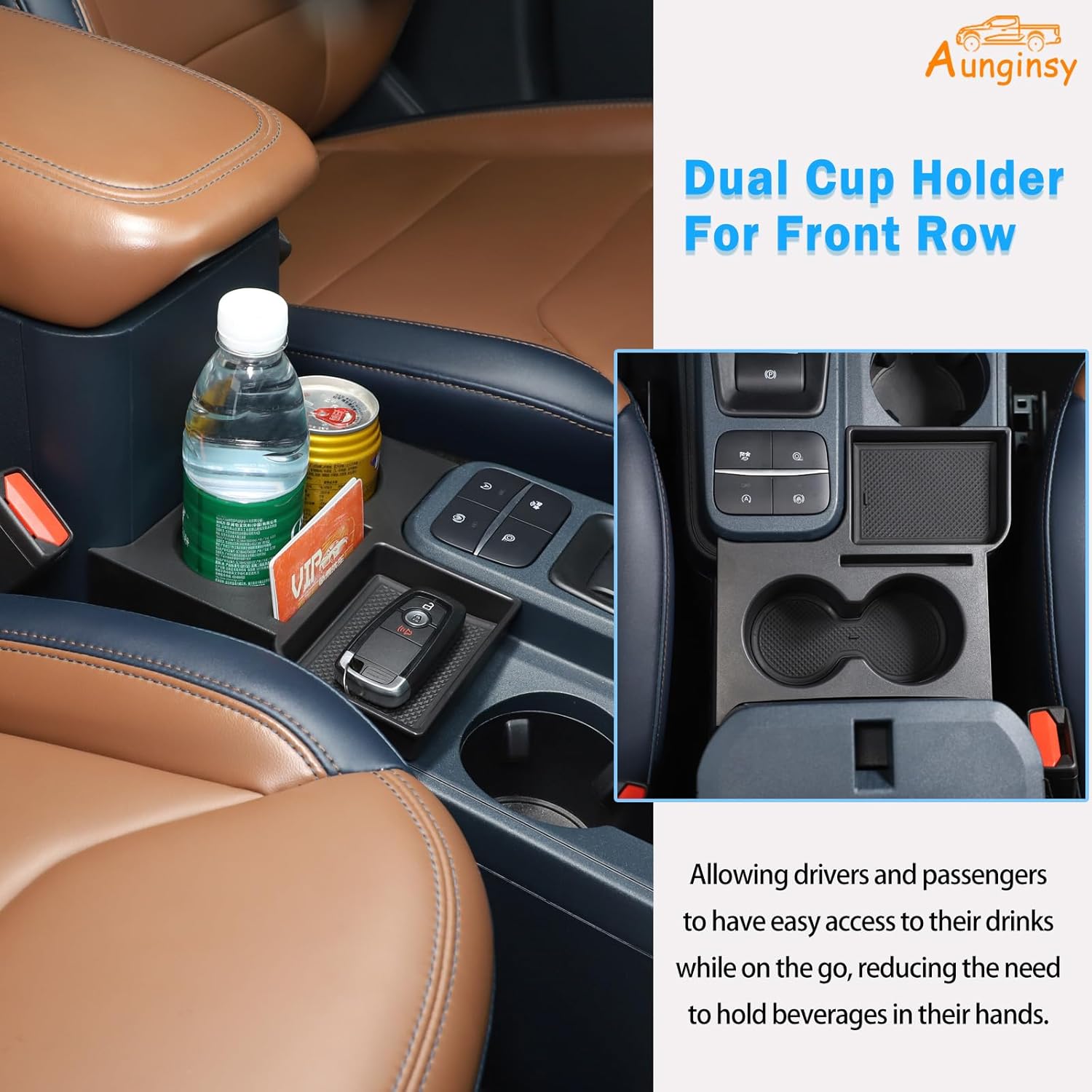 Aunginsy Center Console Cup Holder Kit Compatible with Ford Maverick 2024 2023 2022 Truck Central Control Organizer Tray Front Rear Row Dual Cup Holder Insert Expander Storage Box with Mat Accessories