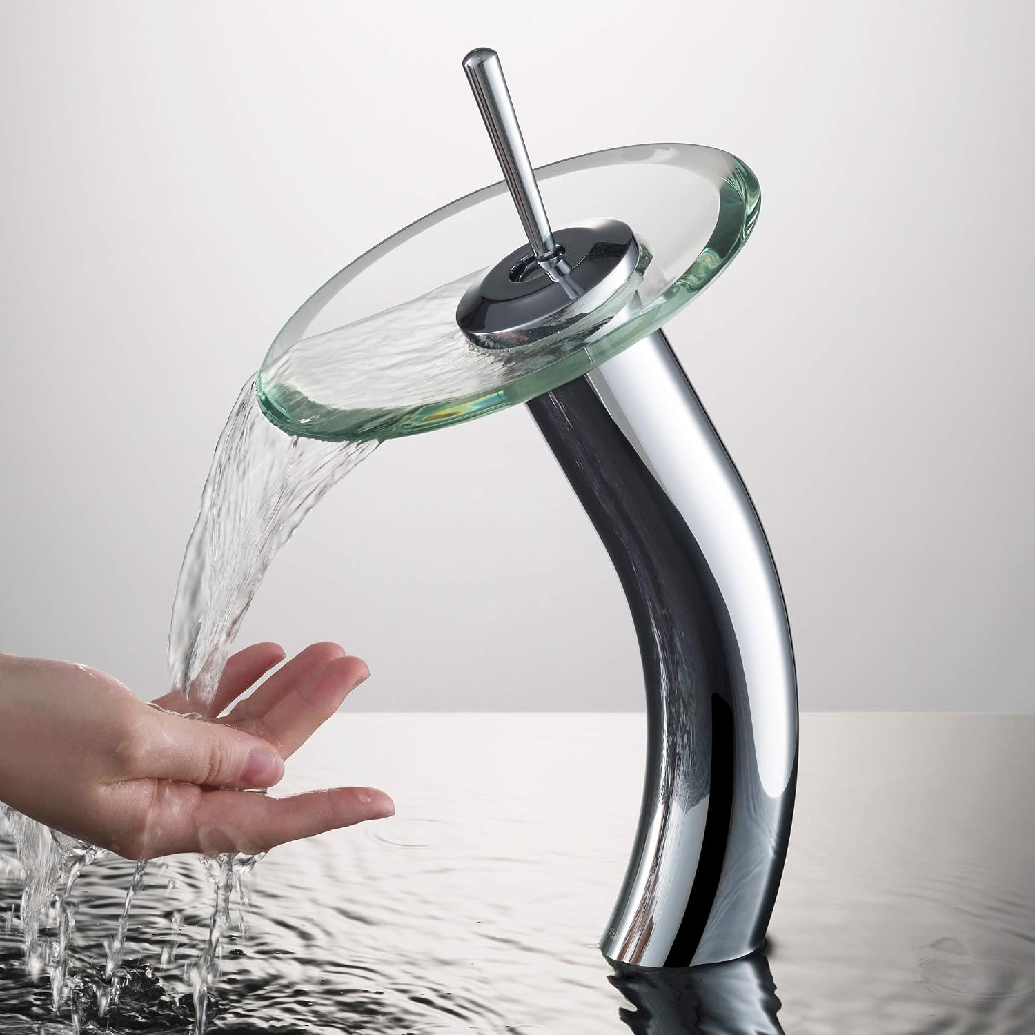KRAUS Tall Waterfall Bathroom Faucet for Vessel Sink with Clear Glass Disk and Pop-Up Drain, Chrome KGW-1700-PU-10CH-CL