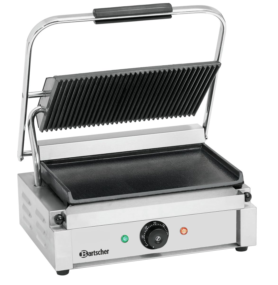 Bartscher Kontaktgrill Panini 1GR – Oberplatte gerillt, Unterplatte glatt – Gusseisen emailliert – Edelstahl – 230 V – für Gastronomie