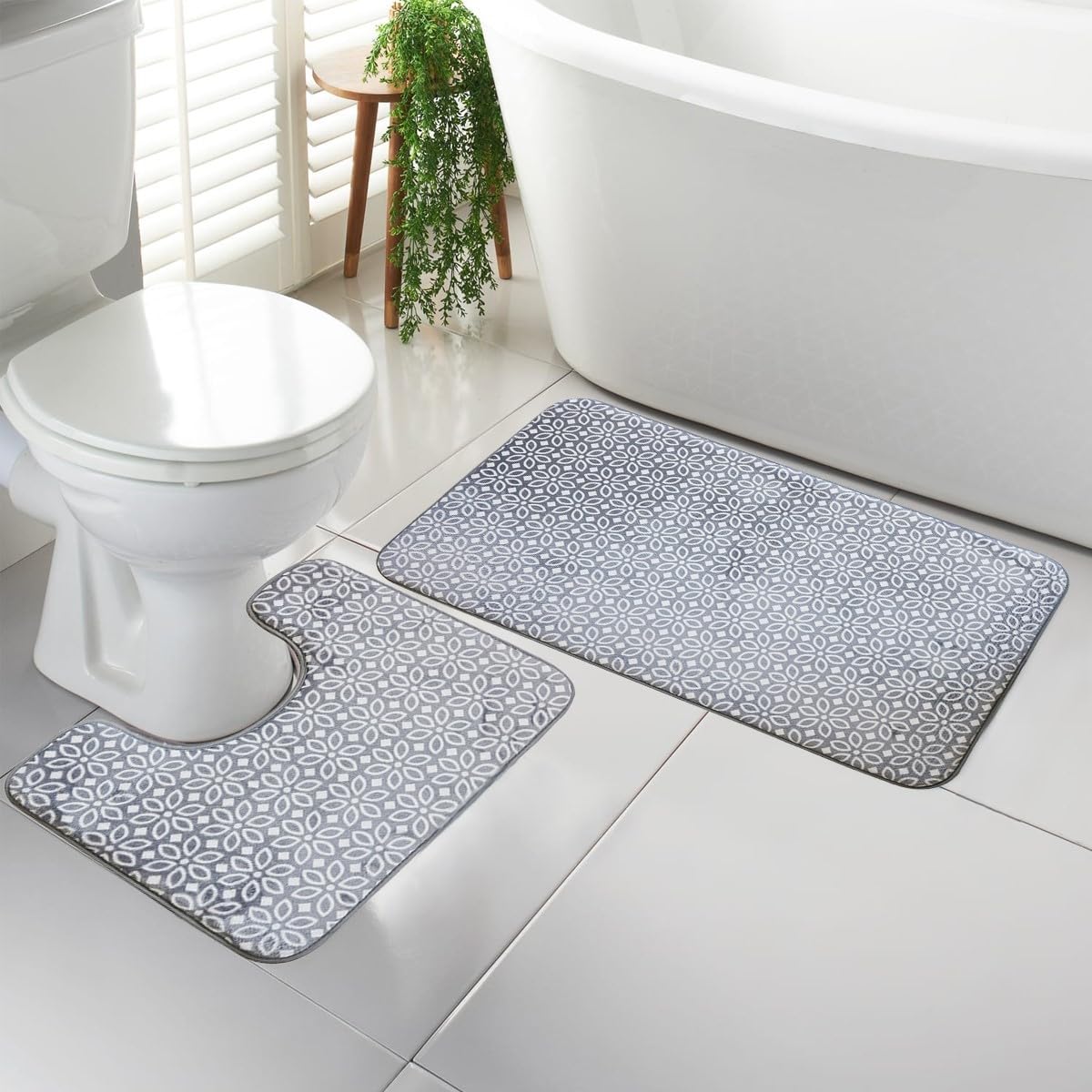 PHP Memory Foam Bath Mat Non Slip 2Pcs, Water Absorbent Velvet Bathroom Mat, Machine Washable Bath Rug for Bathroom, Soft on Feet, Quick Dry (Nordic Calm,(50x40cm, 50x80cm)