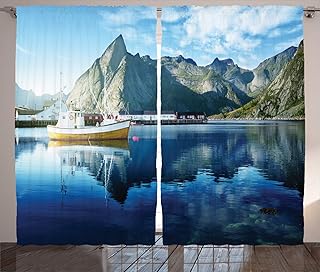 European Curtains, Sunset in Norwegian Lake by Fjords Formation Yacht Fishing Arctic Harbor Island Print, Living Room Bedroom Window Drapes 2 Panel Set, 108" X 84", Blue