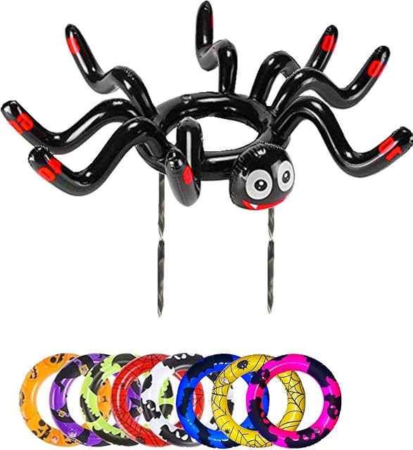 YAAVAAW Halloween Party Spider Game Ring Toss Game Inflatable Spider Hat with Rings (1Inflatable Spider,8 Rings) for Kids Family Office Indoor Outdoor Garden Holiday Party Fun Games