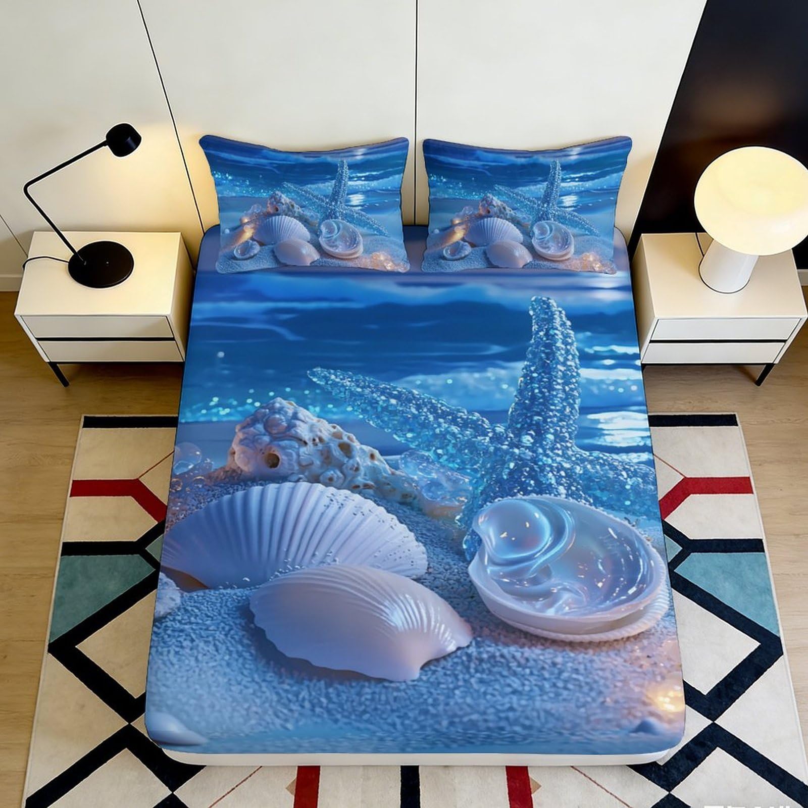 Pnayamiorkfel Style-2 3D Printed Ocean Blue Starfish Fitted Sheet Microfiber Breathable Seashell Mattress Cover Bedroom Home Dorm Decor 90X200x25cm