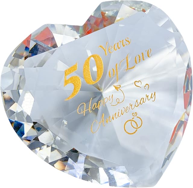 50th Golden Anniversary Romantic Gifts for Couple Women Her Mum Parents Nan, 50 Years Anniversary Presents for Wife Girlfriend, Crystal Diamond Shaped Paperweights Heart Marriage Keepsake Ornaments
