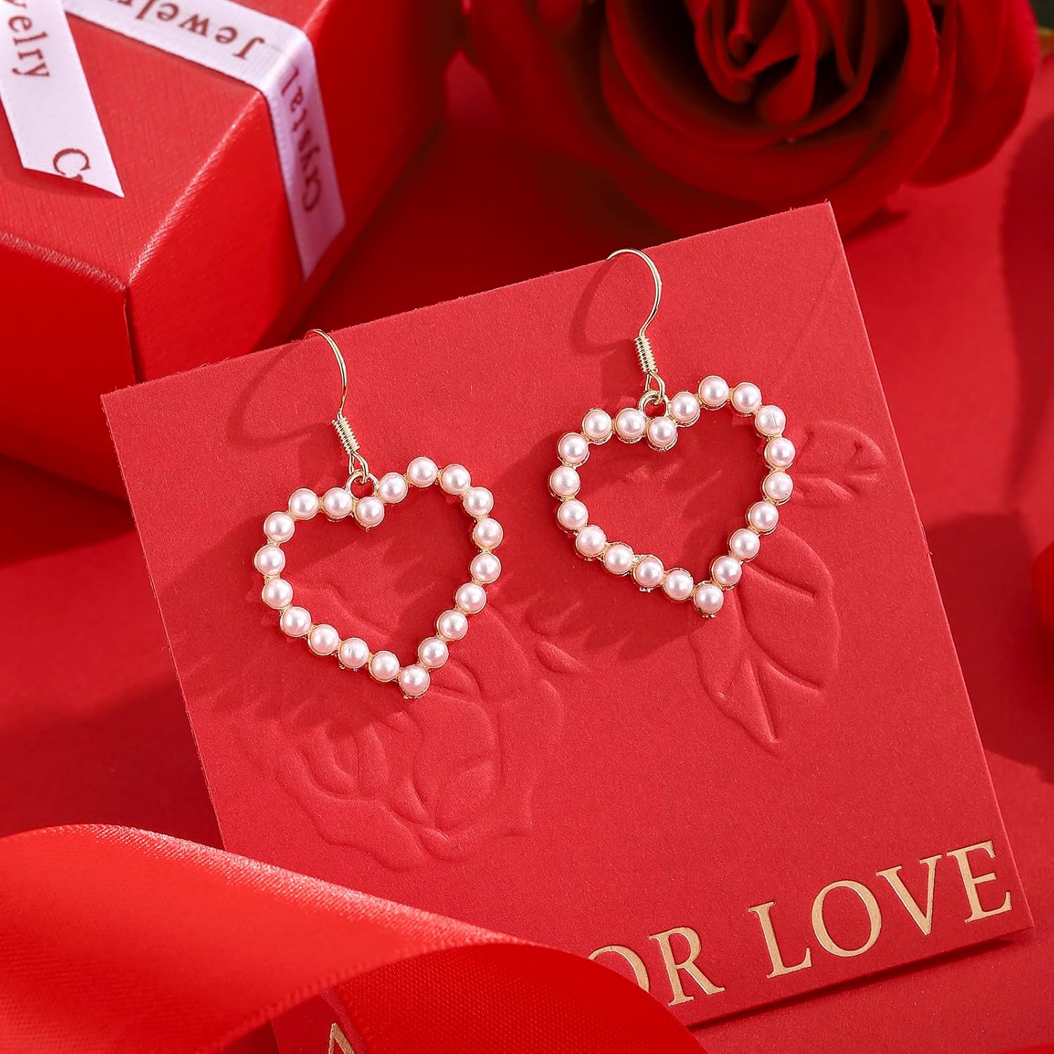 14K Gold Plated Pearl Heart Dangle Hook Earrings for Women, Hypoallergenic Hollow Heart Drop Earrings, Sweetheart Everyday Jewelry, Gift for Valentines Day Christmas Mothers Day - Image 3