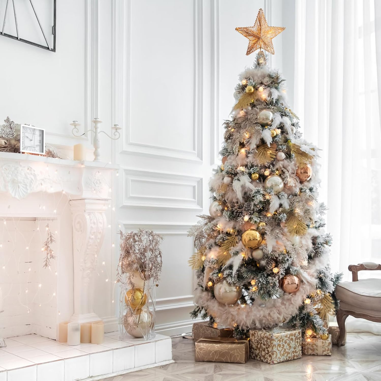 Christmas Tree Topper 10 Golden Glittered Star Tree Topper with 30 LED Lights Xmas Tree Topper Star for Xmas Decorations Ornaments Holiday Party Indoor Decor