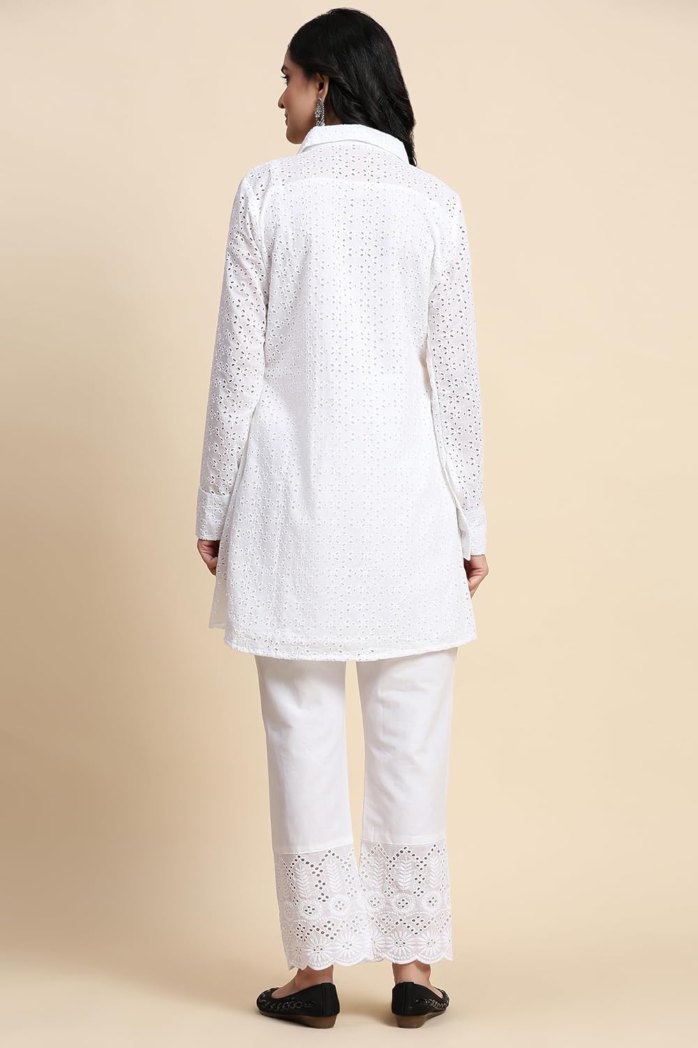 TRENDMALLS Women's Cotton Schiffli Co-Ords Set Kurta Pant(C16-White-L)