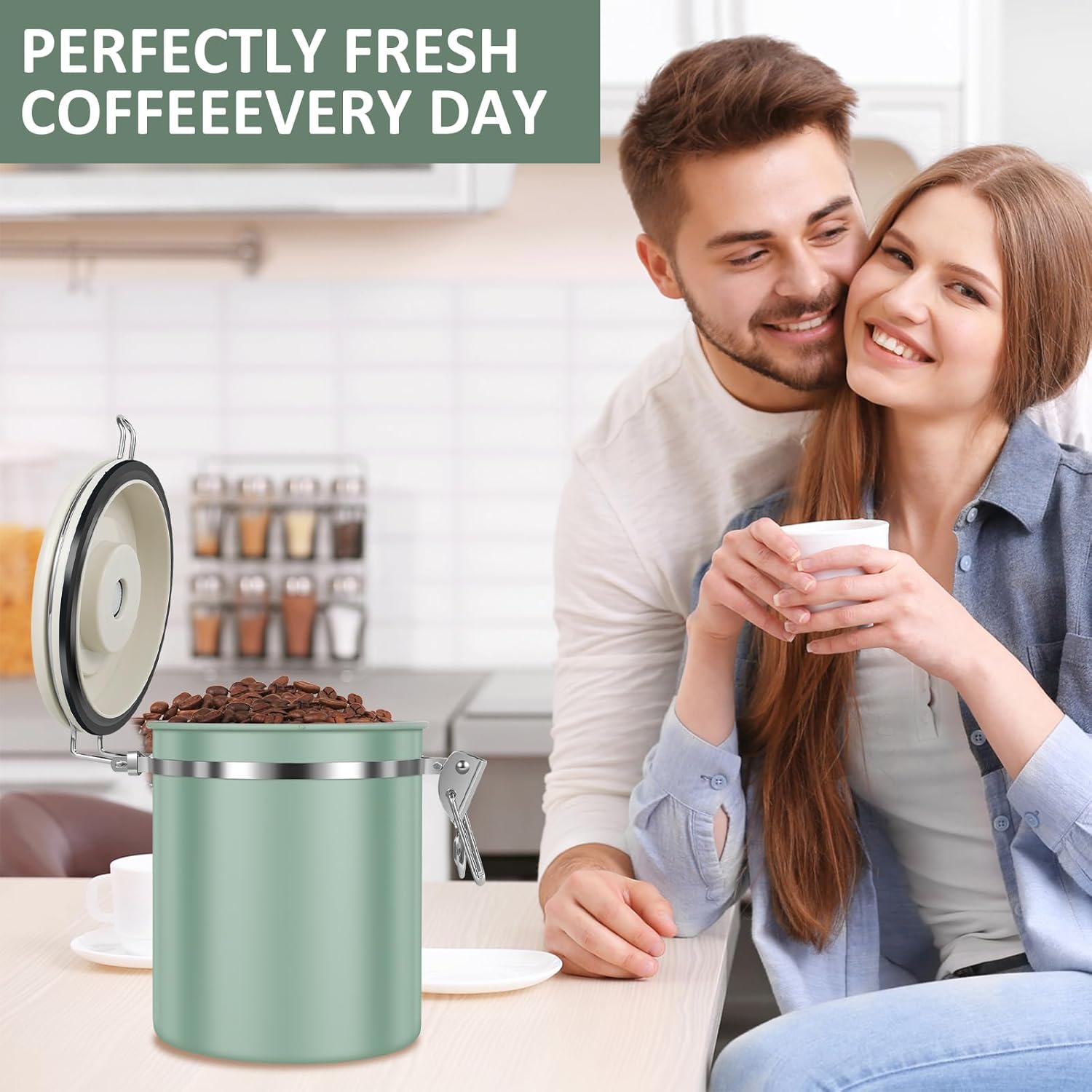 3PCS Coffee Storage Canister,1.5L 51OZ Double Airtight Coffee Beans Container with Date Locator,304 Stainless Steel Kitchen Food Storage Container with Spoon,for Coffee Beans Grounds Tea Sugar