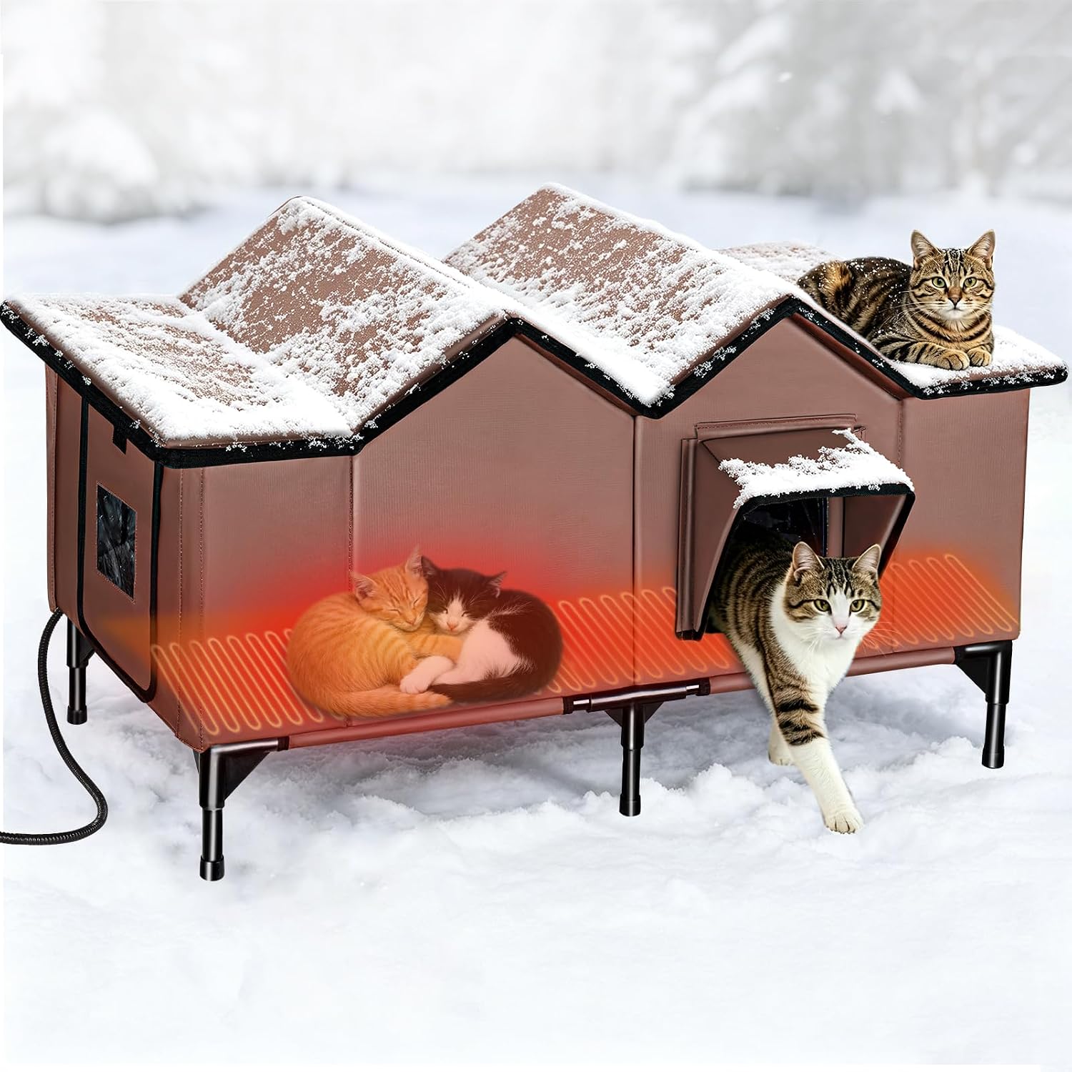 Extra Large Heated Outdoor Cat House for Feral & Stray Cats, Weatherproof Insulated Cat Shelter for Multiple Outdoor Cats, Sturdy Winter Cat House with Escape Door and Heating Pad (Brown)