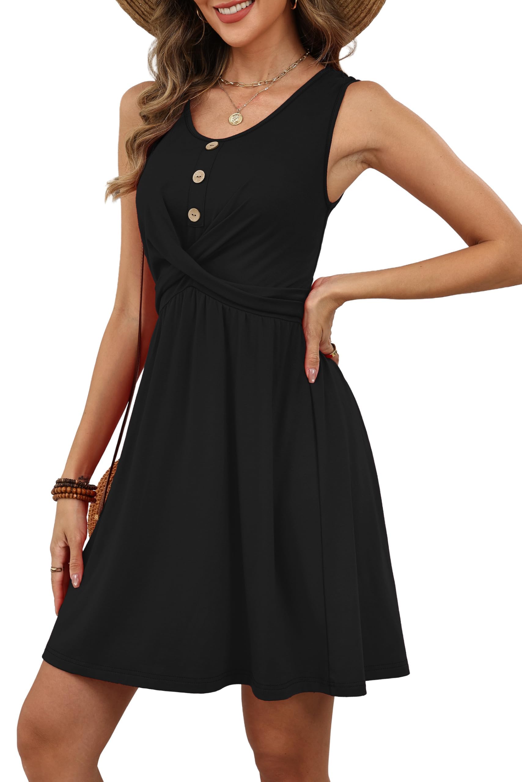 GRMLRPT Ärmellos Sommerkleid für Damen Elegant Freizeitkleid V-Ausschnitt Strandkleid Knielang Luftig Leicht Schöne Dress Kleid Basic(Mehrfarbig,S-XXL)