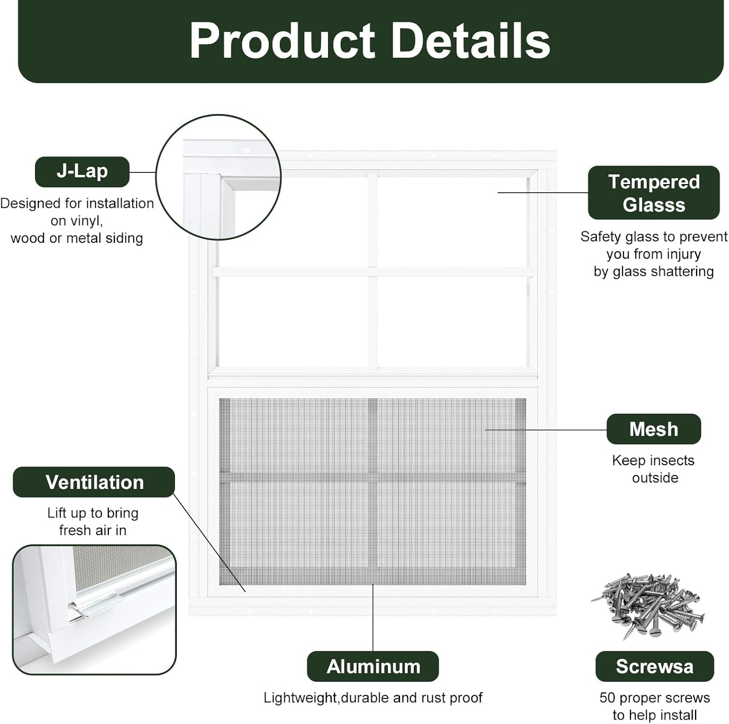 2 Pack Shed Windows 24" x 27" Flush Mount Window with Tempered Glass,House Small Windows,Household Sliding Windows for Chicken Coop, Playhouse, Household, Garage