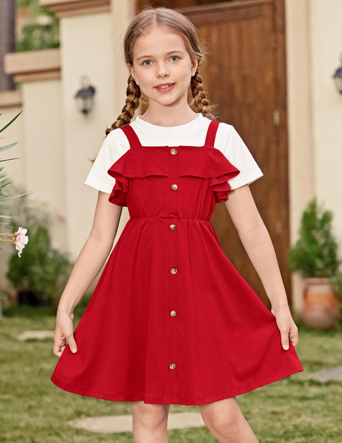 Arshiner Girls Dresses Summer Spaghetti Strap Cold Shoulder Ruffle Button Down A Line Dresses - Image 6