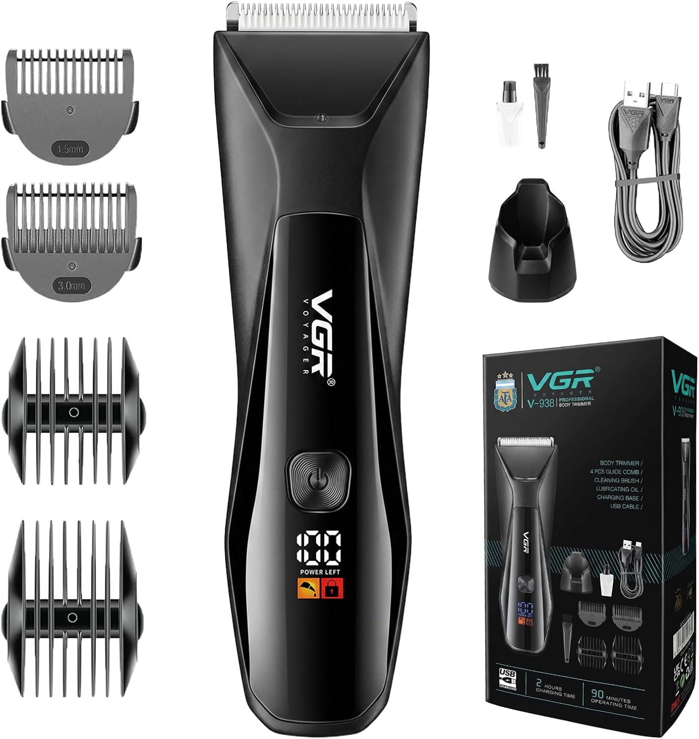 VGR 938 Body Hair Trimmer for Men, Cordless IPX7 Waterproof Body Groomer | Ceramic Blade, Charging Base, Rechargeable Body Trimmers, 90min runtime, Versatile Grooming Kit for Chest, Armpits, Back, Leg