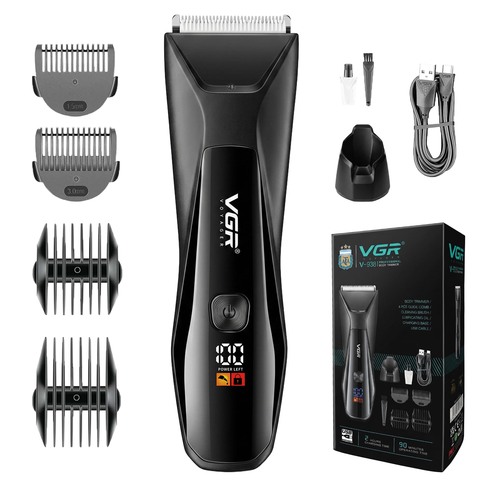 VGR 938 Rasoio Intimo e Rifinitore Corpo Uomo Senza Fili, Lame in Ceramica, Stazione di Ricarica, Display Digitale LED, Luce Integrata, Impermeabile IPX7, Rasoi Elettrici per Igiene Personale, Nero