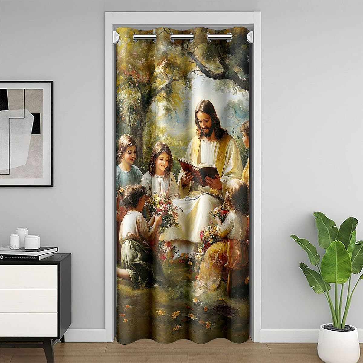 God with Children Kids Door Curtain,Western God Teaching Children Blackout Curtain,Bible Verse Artwork Spiritual Bedroom Doorway Living Room Decor,Colorful Privacy Door Drape 1 Panel,42" W X 84" L