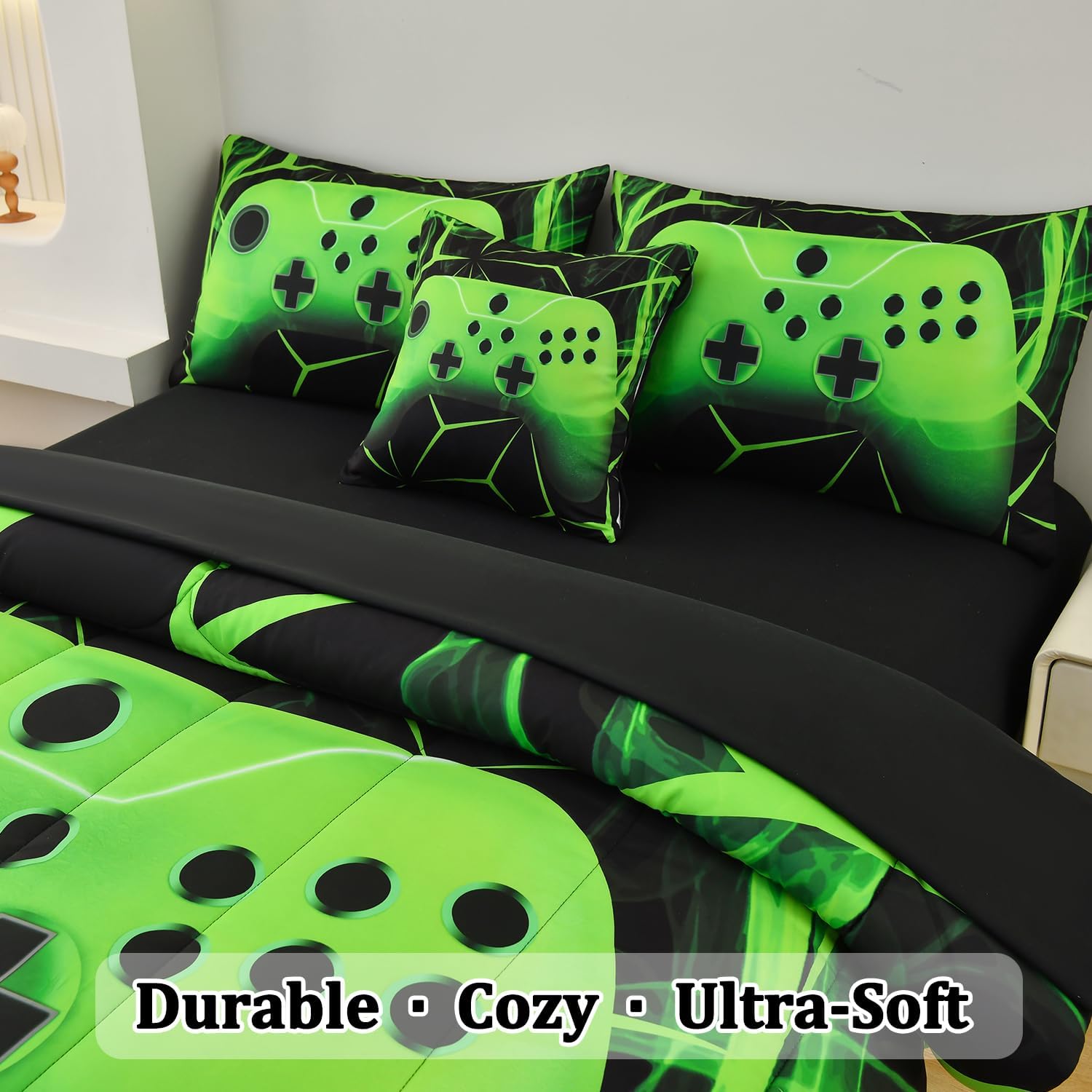 4 Pcs Gaming Comforter Sets for Boys, Cool Green Full Gamer Bedding Set for Boys