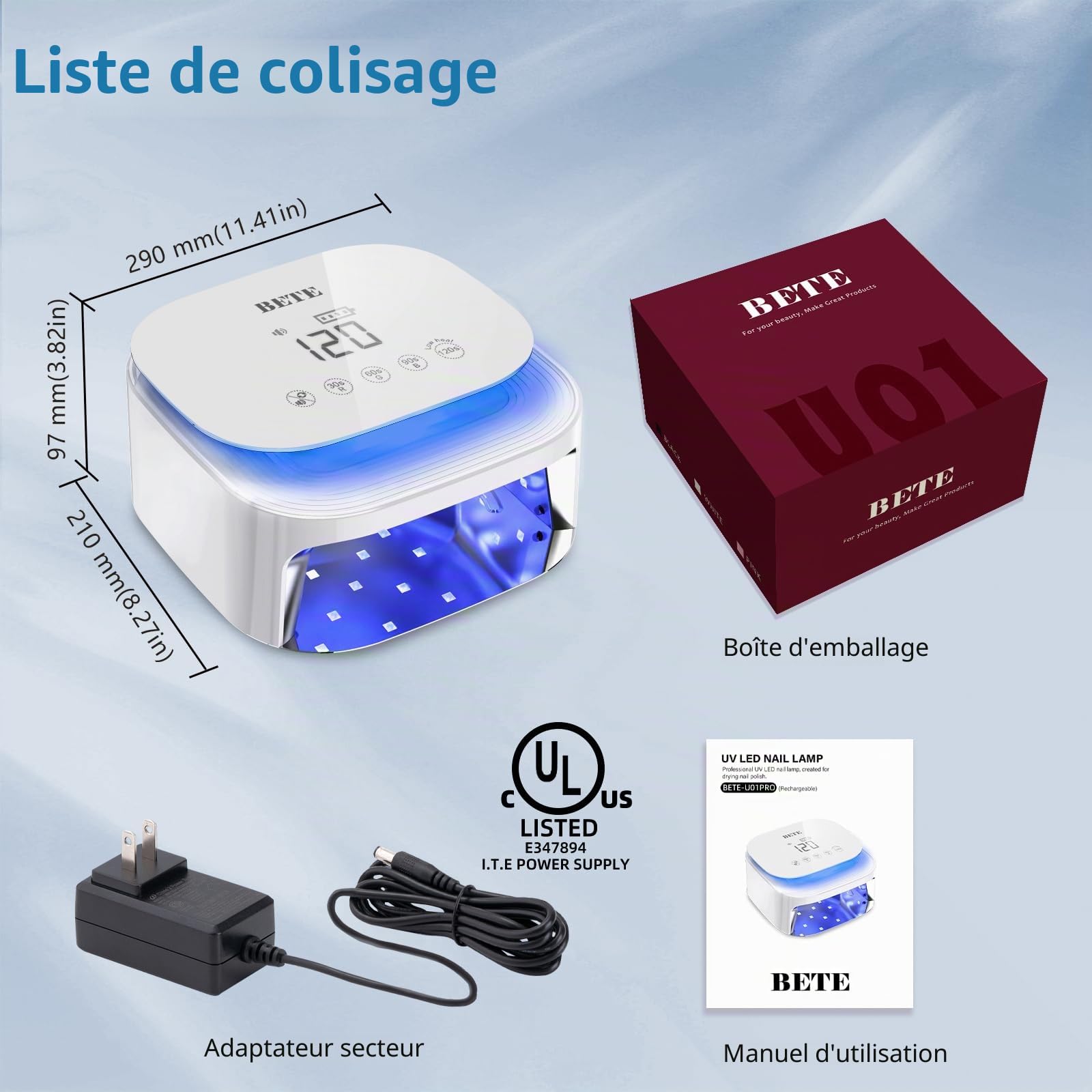 Lampes UV LED sans fil BETE 60W - Séchoir pour vernis gel rechargeable avec capteur automatique, 30 perles et 4 réglages de minuteur portable pour usage domestique/salon White