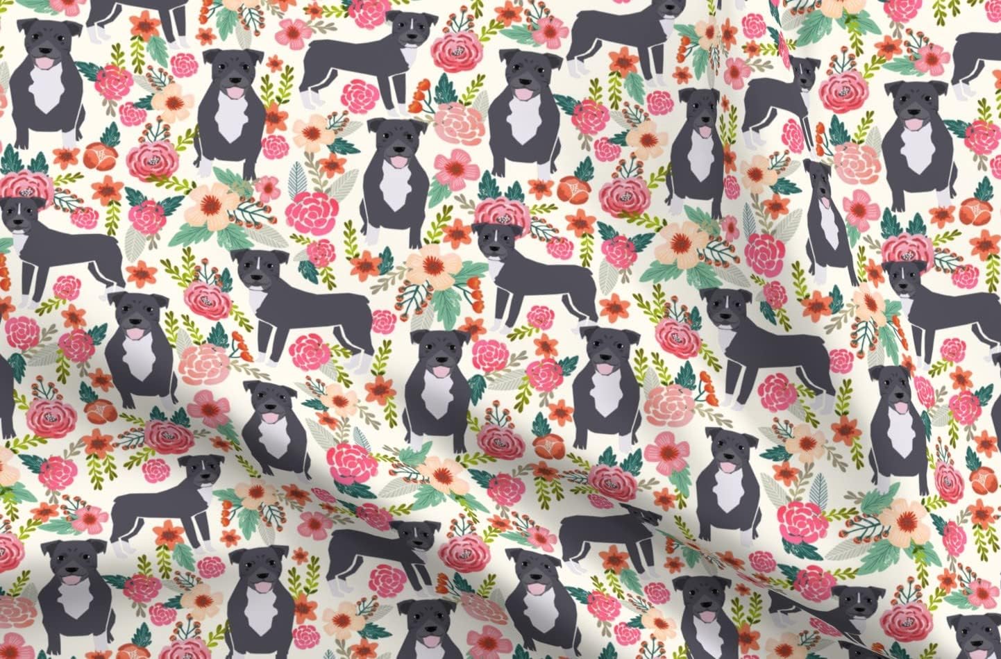 Spoonflower Fabric - Pitbull Floral Large Dogs Breeds Pitbulls Pet Portrait Printed on Upholstery Velvet Fabric Fat Quarter - Upholstery Home Decor Bottomweight Apparel