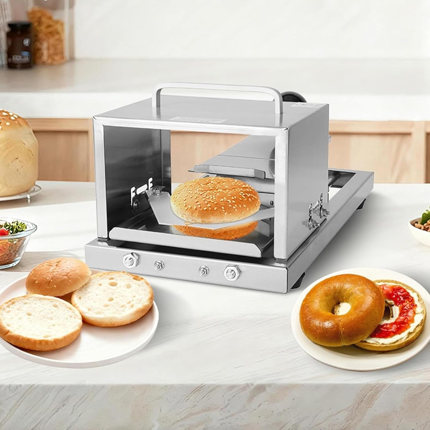 Hamburger Breads Slicer, Commercial Push-Pull Type Rapid Bagel Guillotine, Stainless Steel Round Slicer, Max Feed Gauge Size 4.7 * 5.9 In, 4 Thickness Settings, For Home & Bakery Use