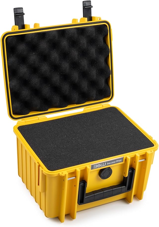 B&W International GmbH Outdoor Case Hartschalenkoffer Typ 2000 mit Schaumstoff (Hardcase Koffer IP67, SI Würfelschaum, wasserdicht, Innenmaß 25x17,5x15,5cm, Gelb), 2000/Y/SI, Typ 2000 - Innenmaß 25x17x15cm