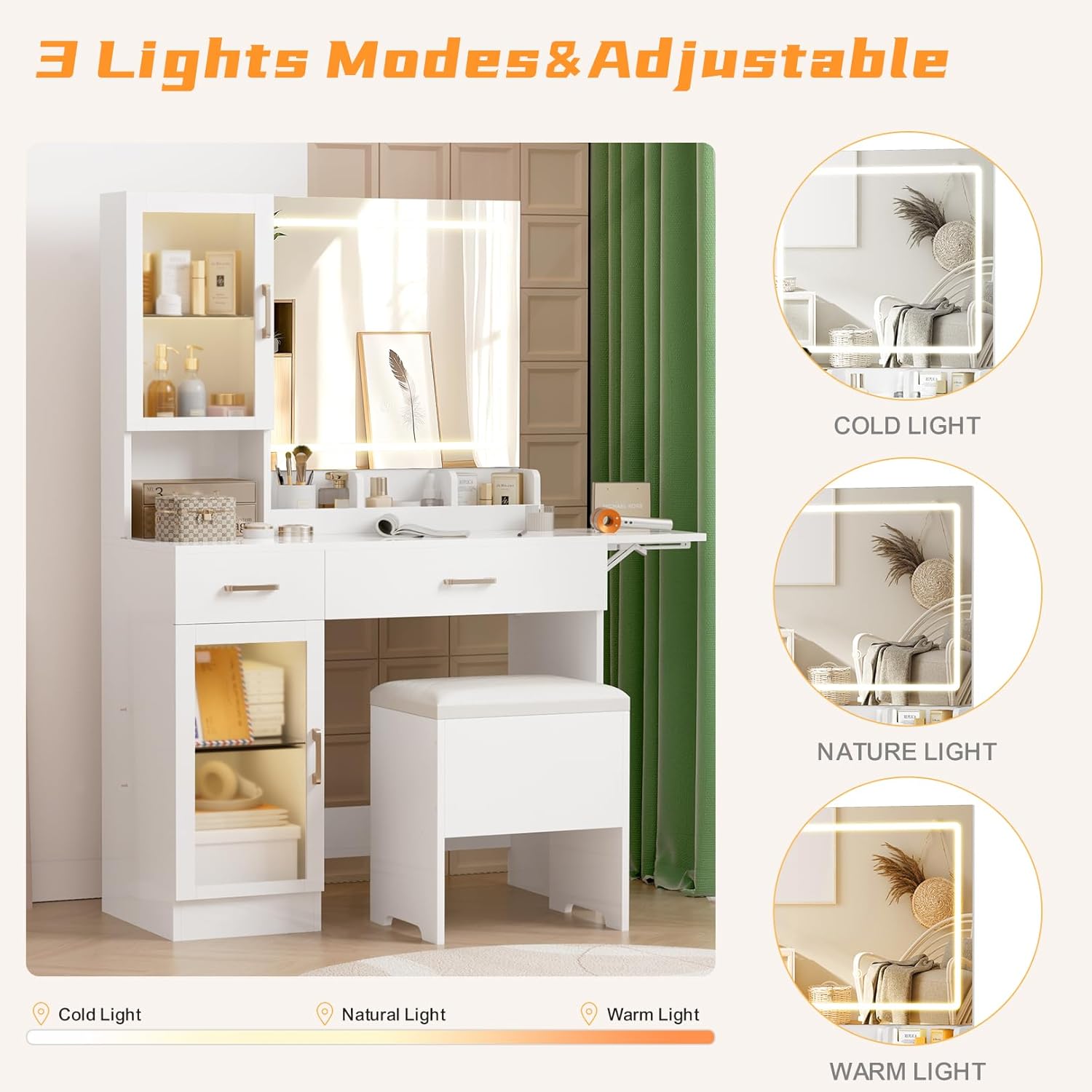 NUNU LAB White Vanity Desk with Mirror and Lights, Makeup Vanity Set with Storage Shelf and Drawers, Bedroom Dressing Table with RGB Cabinets, Cushion Stool for Women, Girls, Teens (052 White)