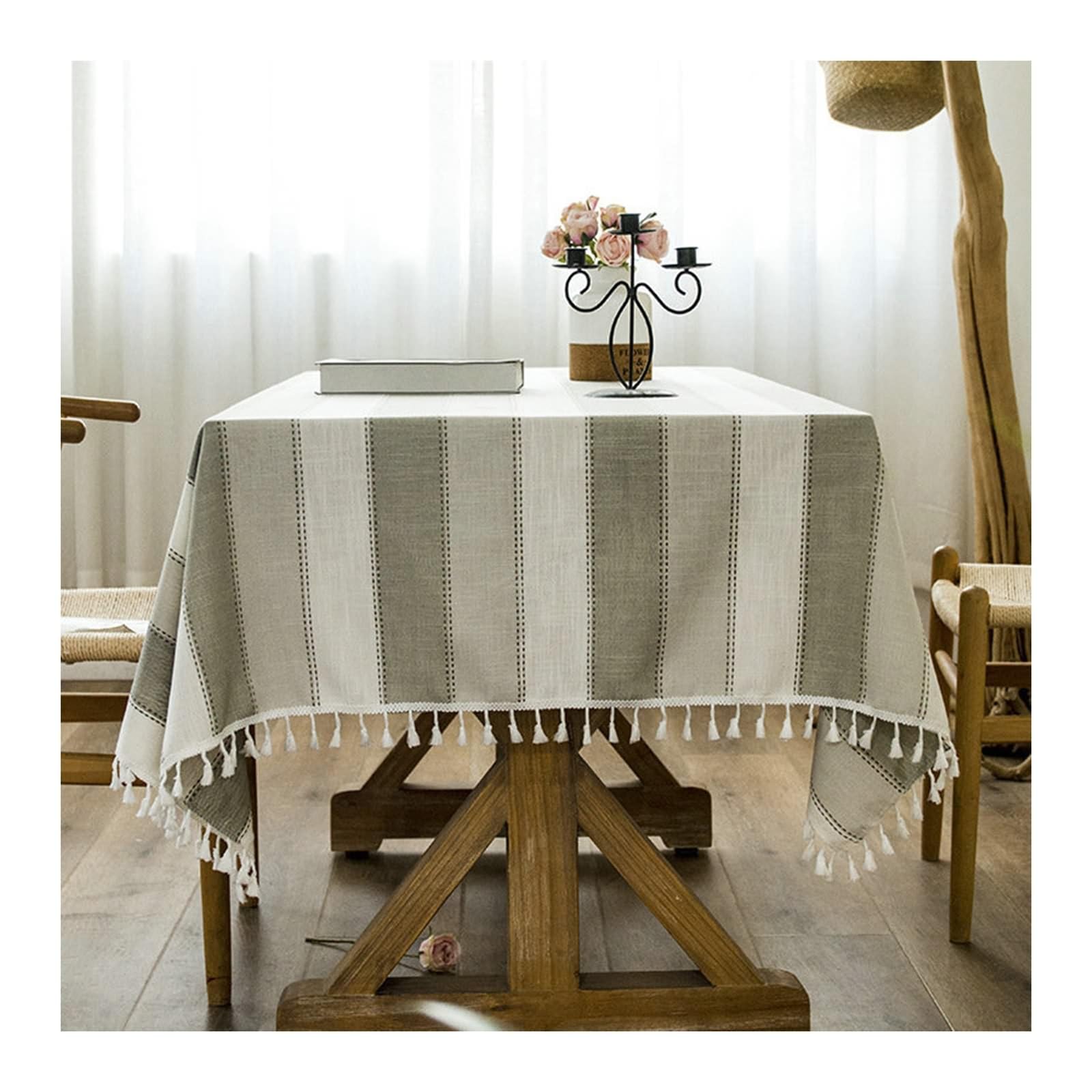 Elegancki prostokątny obrus o wymiarach 140 x 300 cm, zmywalny, poliester, z trójkolorowymi paskami i frędzlami, idealny na przyjęcia, pikniki i dekoracje ogrodowe, jasnoszary beżowy