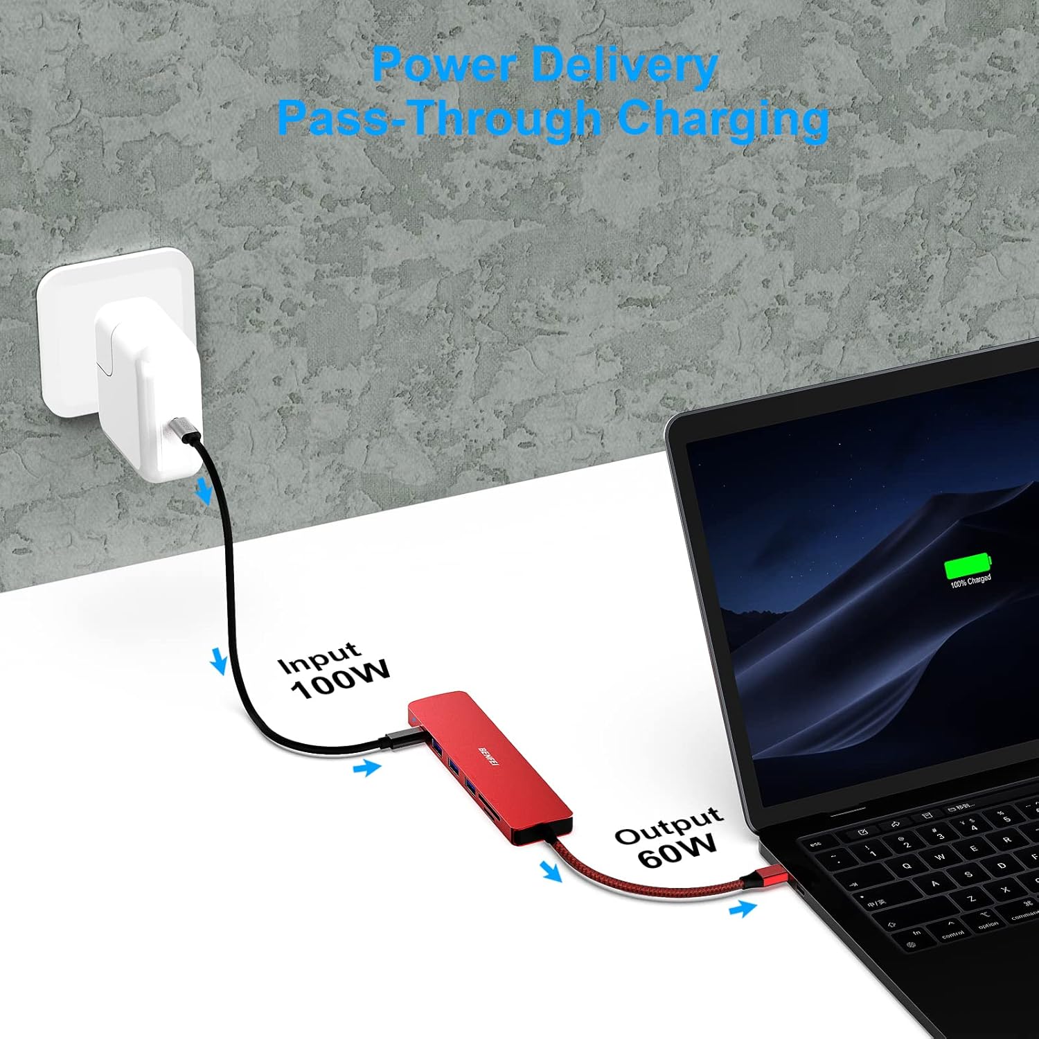 The BENFEI USB-C Hub connected to a laptop and a power adapter, demonstrating 60W pass-through charging.