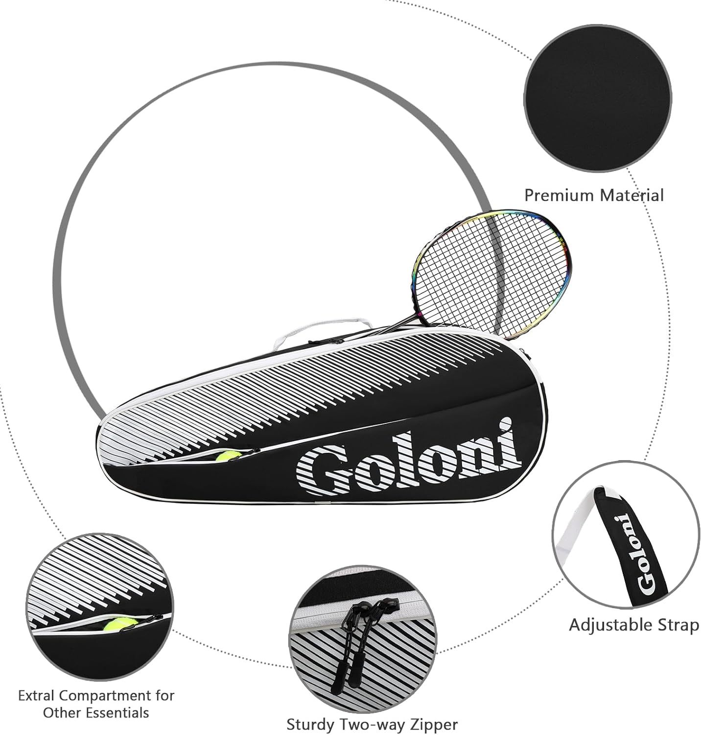 Goloni | 3 Racquet Tennis Bag, for Professional or Beginner Tennis Players, Rackets Cover Bag with Protective Pad & Lightweight | Unisex Design for Men, Women, Youth and Adults
