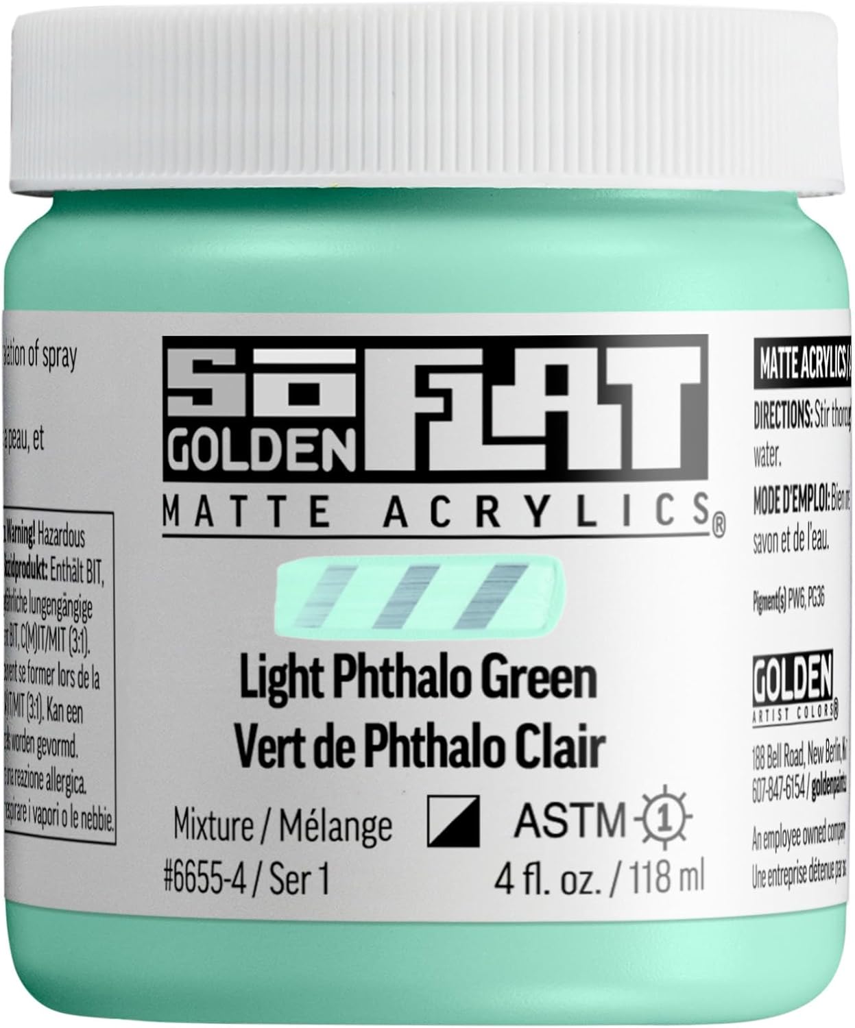 GOLDEN SoFlat Matte Acrylics, Light Phthalo Green, 4 fl. oz. Jar, Professional Acrylic Paint, Semi-Opaque