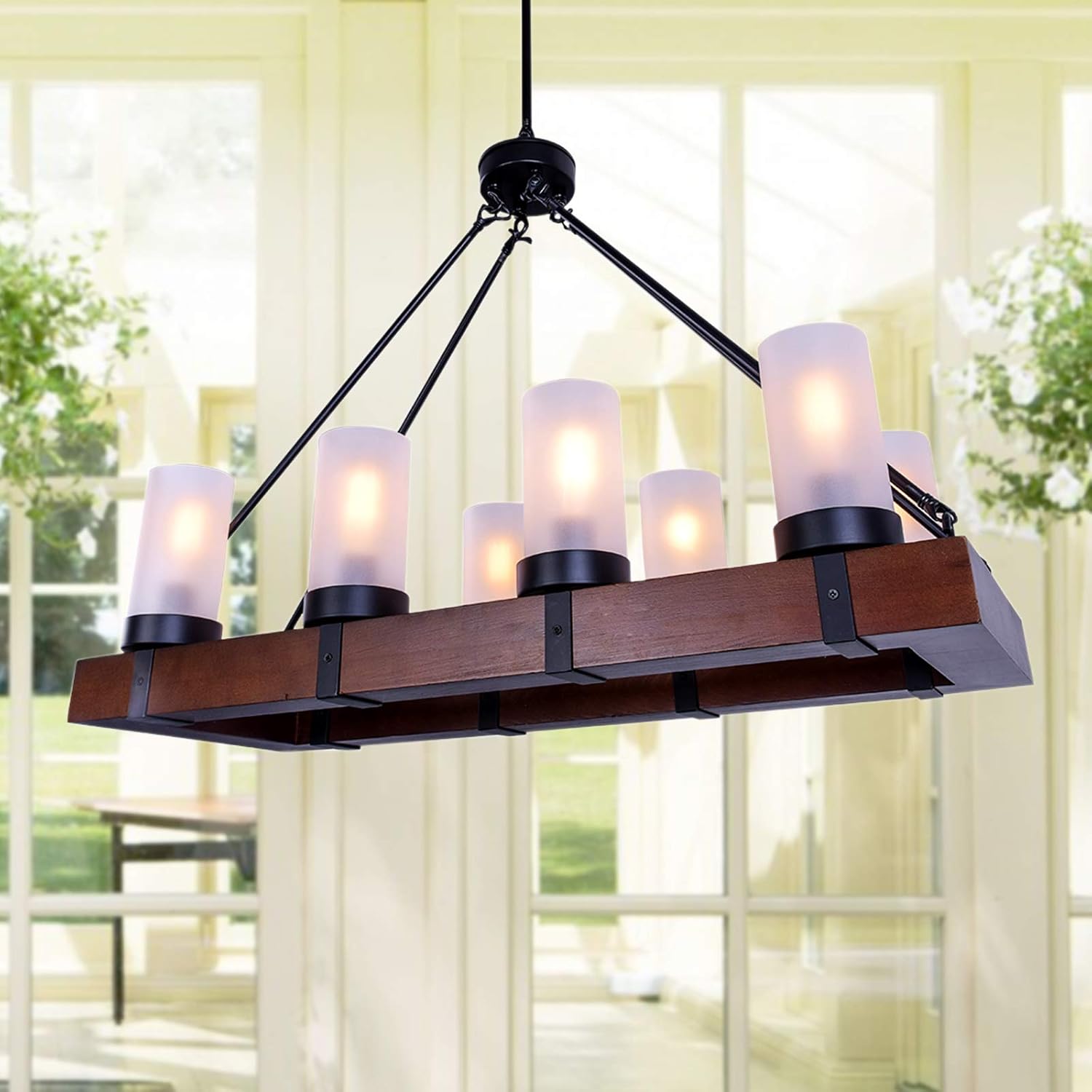 Exclusive Discount 🔥 OYIPRO Vintage Farmhouse Chandelier Industrial Kitchen Island Light, 8 Lights Retro Pendant Light Fixture Rectangular Chandeliers Wood Frame Hanging Ceiling Light Rustic Chandeliers