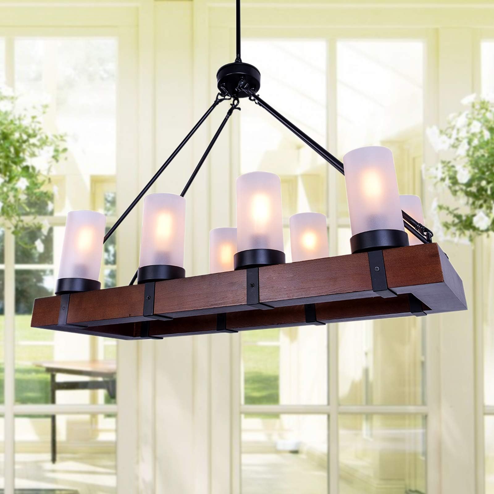 OYIPRO Vintage Farmhouse Chandelier Industrial Kitchen Island Light, 8 Lights Retro Pendant Light Fixture Rectangular Chandeliers Wood Frame Hanging Ceiling Light Rustic Chandeliers